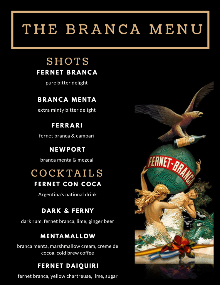 fernet branca cocktail menu with branca logo black drink menu